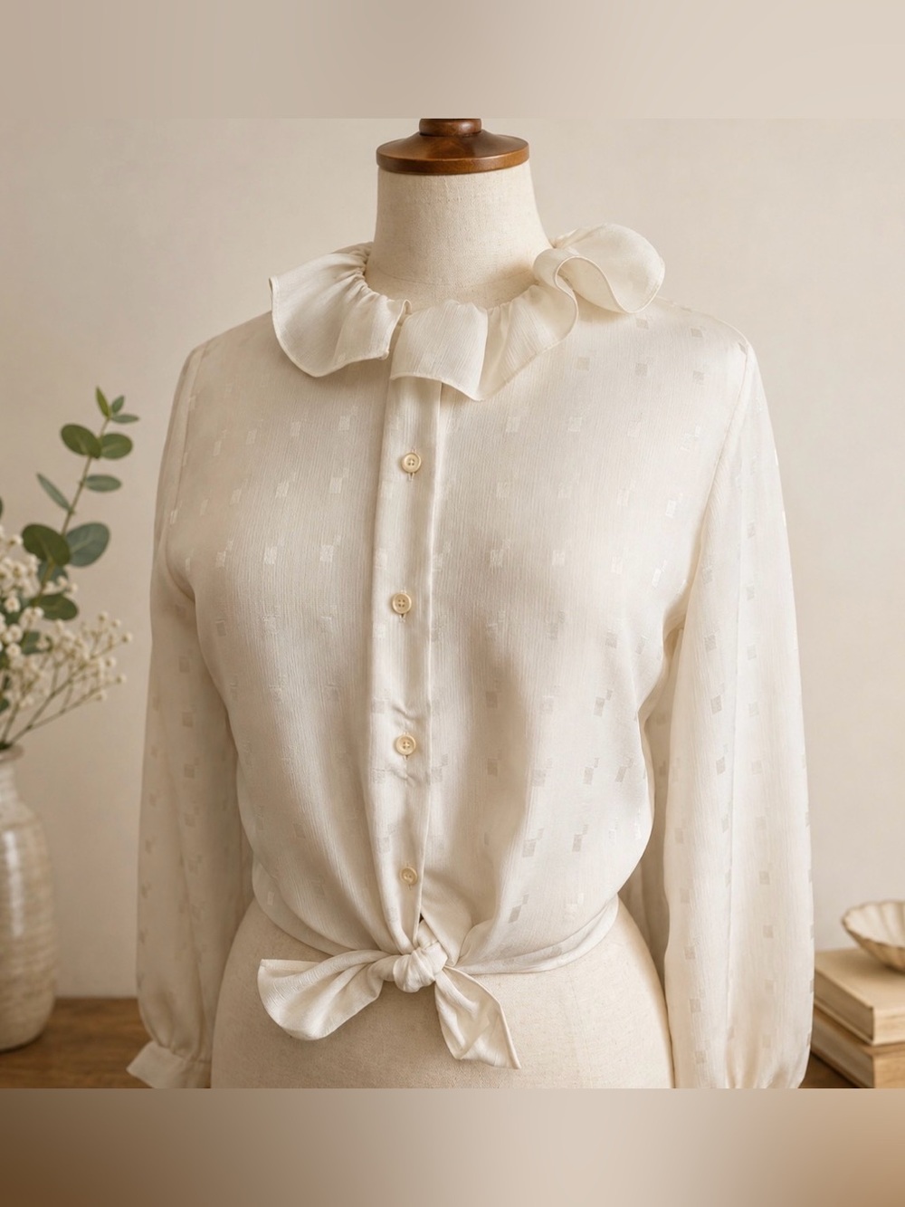 Vintage Ivory secretary Blouse Ruffle long sleeve M Cottagecore whimsy soft girl